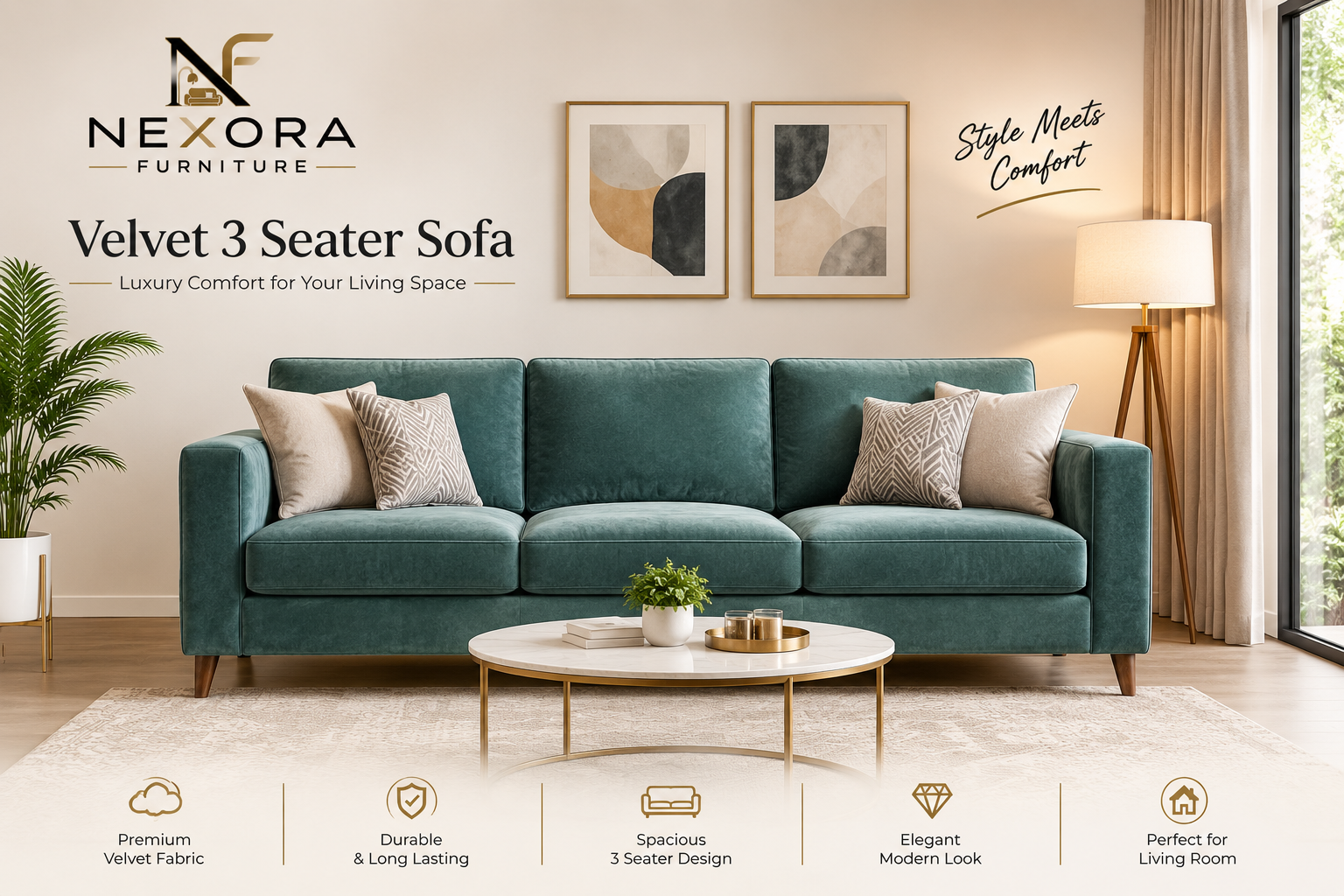 Nexora Velvet 3 Seater sofa